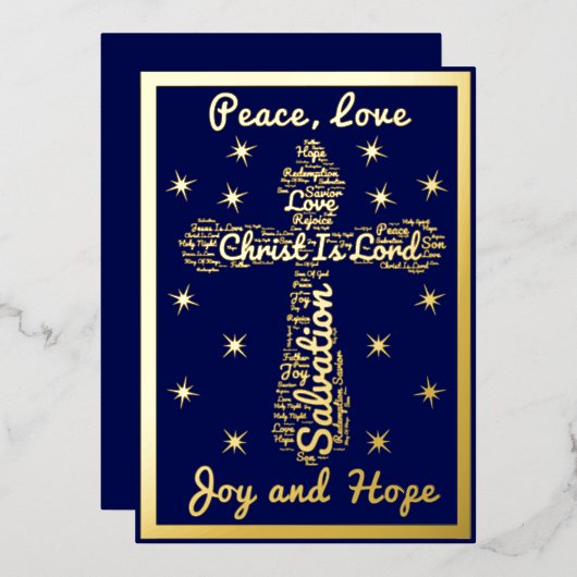 Gold Blue Peace Love Joy Hope Cross Kerstmis Folie Feestdagenkaart (Voorkant / Achterkant)