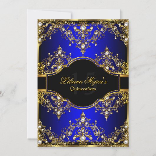 Gold Blue Pearl  Glamor Quinceanera Kaart (Voorkant)