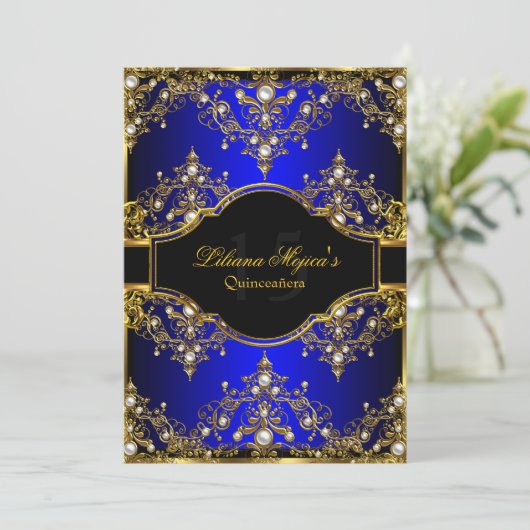 Gold Blue Pearl  Glamor Quinceanera Kaart (Staand voorkant)
