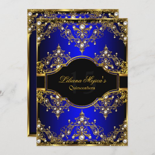 Gold Blue Pearl  Glamor Quinceanera Kaart (Voorkant / Achterkant)