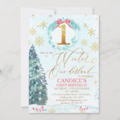 Gold Blue Pine Tree Winter Onederland Birthday Inv Kaart (Voorkant)