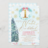 Gold Blue Pine Tree Winter Onederland Birthday Inv Kaart (Voorkant / Achterkant)