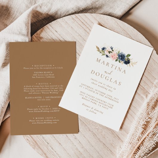 Gold Blue Pink Flowers Back & Front Wedding Kaart