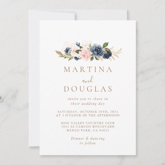 Gold Blue Pink Flowers Back & Front Wedding Kaart (Voorkant)