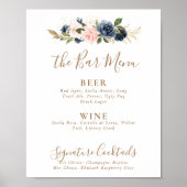 Gold Blue Pink Flowers Weddenbar Menu Poster (Voorkant)