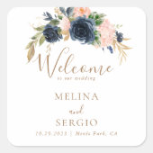 Gold Blue Pink Flowers Weddenschap Welkom Vierkante Sticker (Voorkant)