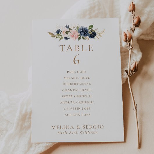 Gold Blue Pink Wedding Table 6 Zitkaartje Kaart