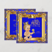 Gold Blue Royal Prince Baby shower Blonde Baby Boy Kaart (Voorkant / Achterkant)