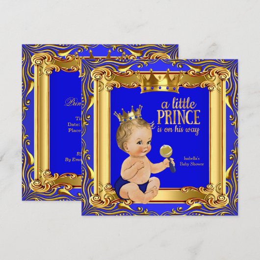 Gold Blue Royal Prince Baby shower Blonde Baby Boy Kaart (Voorkant / Achterkant)