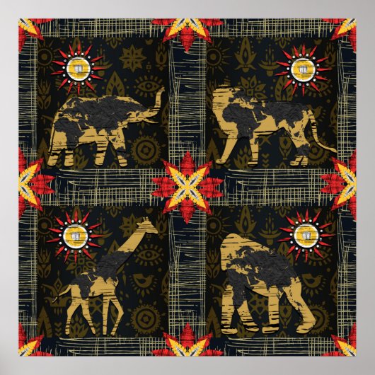 Gold Blue Safari Wereldkaart Afrikaanse dieren Poster (Voorkant)