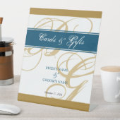 Gold Blue Script Monogram Weddenkaarten & cadeaus Reclamebord Met Voetstuk (Insitu)