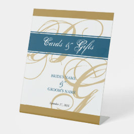Gold Blue Script Monogram Weddenkaarten & cadeaus Reclamebord Met Voetstuk
