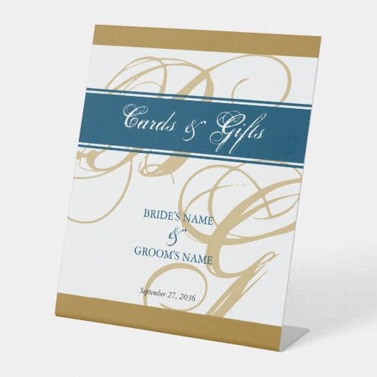 Gold Blue Script Monogram Weddenkaarten & cadeaus Reclamebord Met Voetstuk (Voorkant)