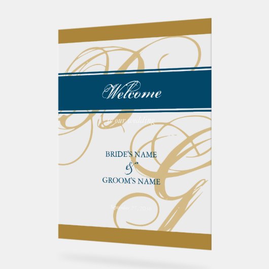 Gold Blue Script Monogram WeduwWelkomstteken Acryl Bord (Hoek)