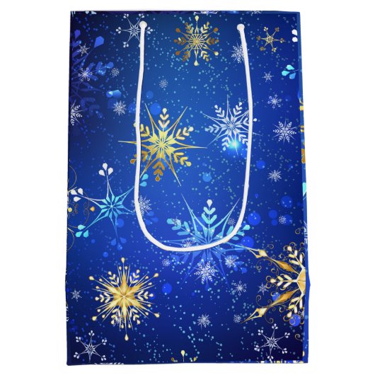 Gold Blue Snowflakes kerstmis Medium Cadeauzakje (Achterkant)