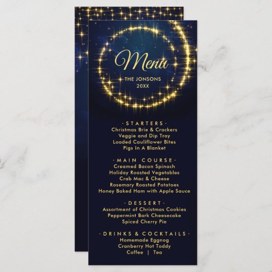 Gold Blue Sparkle Kerstvakantie diner Menu (Voorkant / Achterkant)