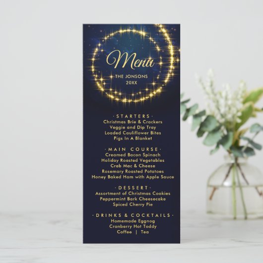 Gold Blue Sparkle Kerstvakantie diner Menu (Staand voorkant)