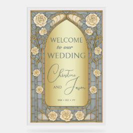 Gold Blue Stained Glass Floral Wedding Welcome  Acryl Bord
