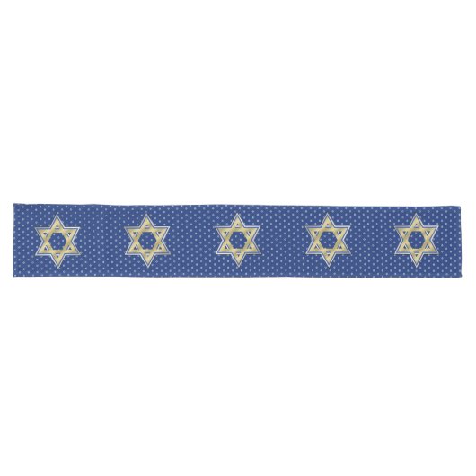 Gold Blue Star van David Widthwise White Extra Lange Tafelloper (Horizontaal)