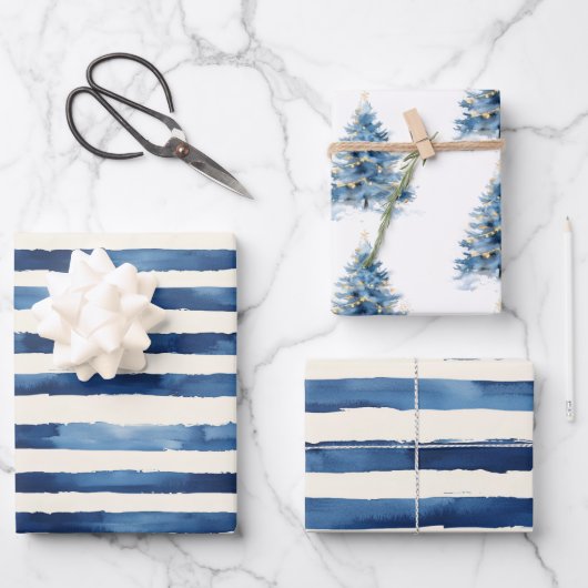 Gold Blue Stripes Christmas Tree Inpakpapier Vel (Voorkant)