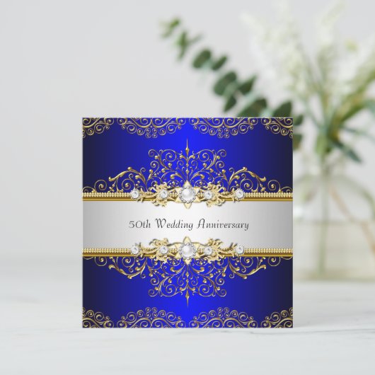 Gold Blue Swirl 50th Wedding Jubileum Invite Kaart (Staand voorkant)