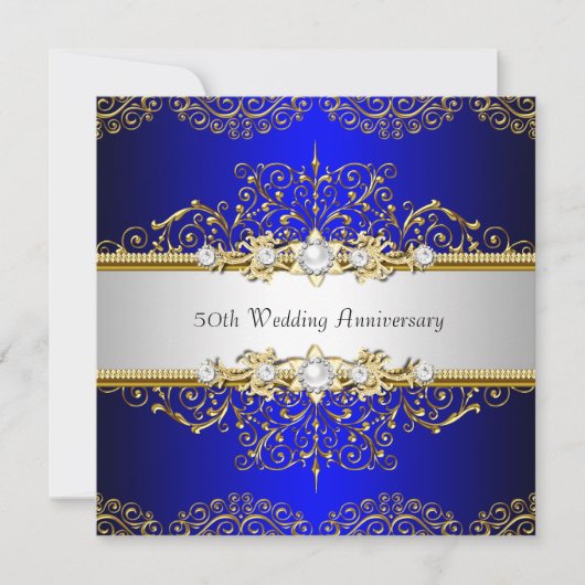 Gold Blue Swirl 50th Wedding Jubileum Invite Kaart (Voorkant)