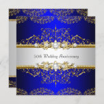 Gold Blue Swirl 50th Wedding Jubileum Invite Kaart<br><div class="desc">Gold & Blue 50e Jubileum uitnodiging. Elegant Gold floral swirl & juwelen. NEEM NOTA van alle vlakke afbeeldingen! Ze hebben geen echte diamanten of juwelen!</div>