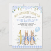 Gold Blue Twins Floral Peter Rabbit 1e verjaardag Kaart (Voorkant)