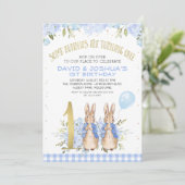 Gold Blue Twins Floral Peter Rabbit 1e verjaardag Kaart (Staand voorkant)