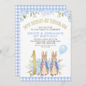 Gold Blue Twins Floral Peter Rabbit 1e verjaardag Kaart (Voorkant / Achterkant)
