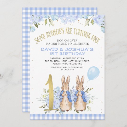 Gold Blue Twins Floral Peter Rabbit 1e verjaardag Kaart (Voorkant / Achterkant)