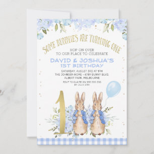 Gold Blue Twins Floral Peter Rabbit 1e verjaardag Kaart