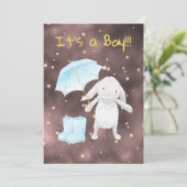 *~* Gold Blue Umbrella Shower Bunny Boy Uitnodigin Kaart (Staand voorkant)