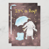 *~* Gold Blue Umbrella Shower Bunny Boy Uitnodigin Kaart (Voorkant / Achterkant)