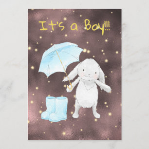 *~* Gold Blue Umbrella Shower Bunny Boy Uitnodigin Kaart