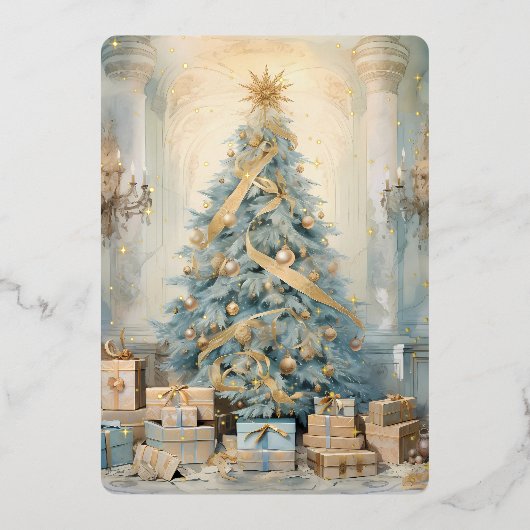 Gold Blue Vintage Kerstboom Vakantie Kaart (Voorkant)