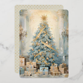 Gold Blue Vintage Kerstboom Vakantie Kaart