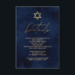 Gold Blue Waterverf Bar Mitzvah - Gegevens Informatiekaartje<br><div class="desc">Deze moderne en artsythemed Bar Mitzvah detailkaart is de perfecte keuze voor je zoon voor zijn speciale dag. Hij heeft een handbeschilderde blauw marineschilderde achtergrond. Bovenaan de uitnodiging staat een faux gedrukte gouden ster van David en aangepaste typografie. Het is een uniek, cool en trendy design voor het hedendaagse en...</div>