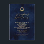 Gold Blue Waterverf Bar Mitzvah - Gegevens Informatiekaartje<br><div class="desc">Deze moderne en artsythemed Bar Mitzvah detailkaart is de perfecte keuze voor je zoon voor zijn speciale dag. Hij heeft een handbeschilderde blauw marineschilderde achtergrond. Bovenaan de uitnodiging staat een faux gedrukte gouden ster van David en aangepaste typografie. Het is een uniek, cool en trendy design voor het hedendaagse en...</div>