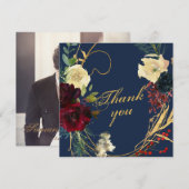 Gold Blue Waterverf Floral Rozen Wreatding Wedding Bedankkaart (Voorkant / Achterkant)