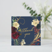 Gold Blue Waterverf Floral Rozen Wreatding Wedding Bedankkaart (Staand voorkant)