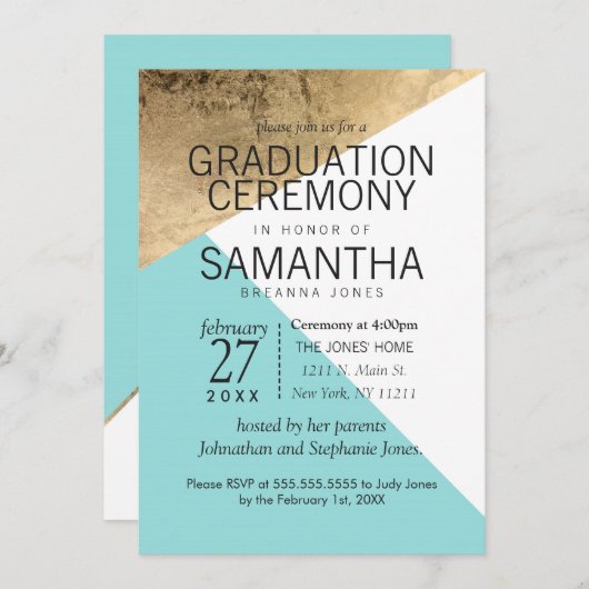 Gold Blue White Geo Triangles Afstuderen Ceremony Kaart (Voorkant / Achterkant)