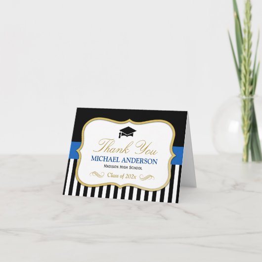 Gold Blue White Stripes Afstuderen Hartelijk dank Bedankkaart (Voorkant)