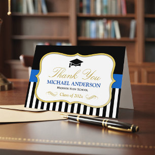Gold Blue White Stripes Afstuderen Hartelijk dank Bedankkaart