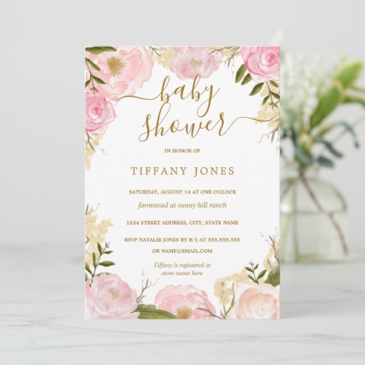Gold Blush Bloemen Waterverf Meisje Baby shower Kaart (Staand voorkant)