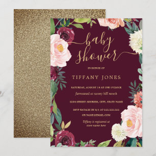 Gold Blush Bourgogne Bloemen Baby shower Uitnodige Kaart