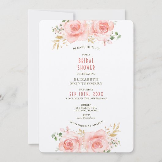 Gold & Blush Bridal Shower Waterverf Kaart (Voorkant)