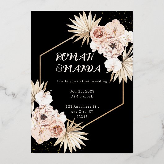 Gold Blush esthetische pampas bruiloft Folie Uitnodiging (Voorkant)