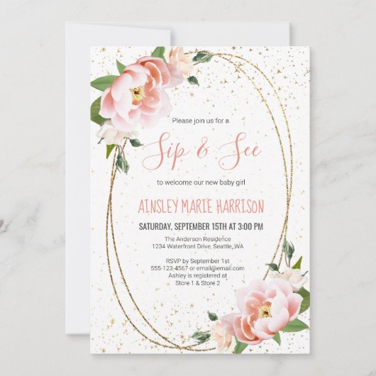 Gold Blush Floral Sip & See Baby Girl Shower Kaart (Voorkant)