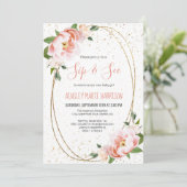 Gold Blush Floral Sip & See Baby Girl Shower Kaart (Staand voorkant)